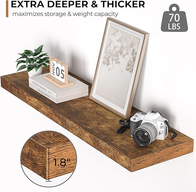 Floating Shelves - 10.3 Inch Deep Wall Shelf for Decor & Storage - Wall Mounted Display Shelving with Invisible Heavy-Duty Metal Bracket - 36" W x 10.3" D x 1.8" H - Set of 1 - Rustic Brown