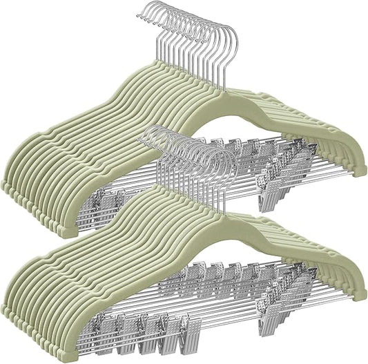 SONGMICS 30-Pack Pants Hangers, 16.7-Inch Long Velvet Hangers with Adjustable Clips, Heavy-Duty, Non-Slip Skirt Hangers, Space-Saving for Pants, Skirts, Coats, Dresses, Pale Green UCRF012GR30