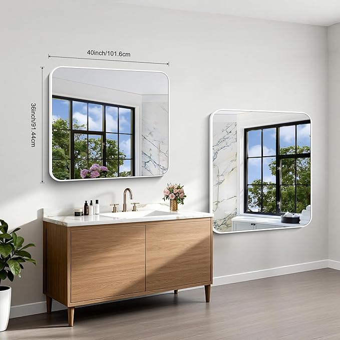 BONEWEI White Bathroom Mirror,36x40 inch Wall Mirror for Bathroom Wall Mounted,Rectangle Mirror for Bathroom Over Sink,Modern Frame Round Corner for Living Room,Bedroom Entryway,Horizontal/Vertical