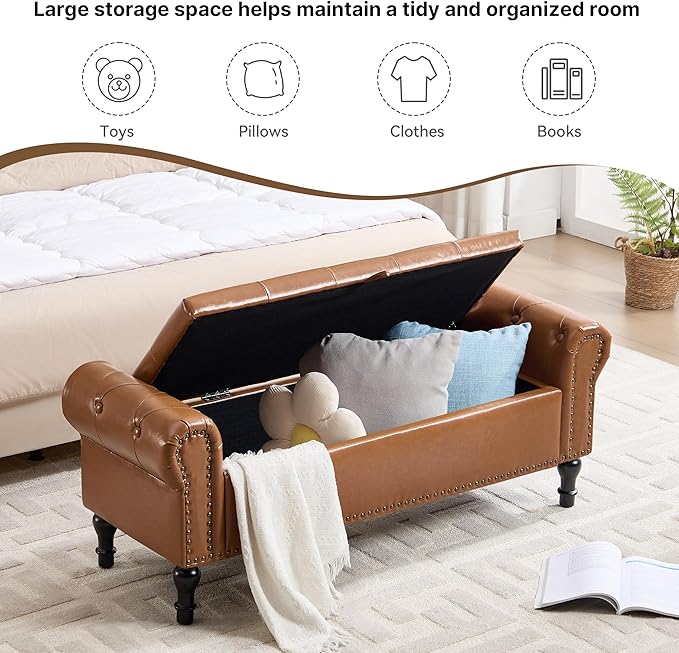 Storage Bench for Bedroom, 51" Upholstered End of Bed Bench, Faux Leather Queen Size Benches with Rolled Arms, Tufted Button Storage Long Ottoman, Living Room, Entryway, Brown