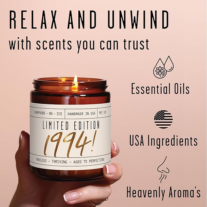 31st Birthday Gifts for Women - 'Limited Edition 1994' Soy Candle, w/Champagne on Ice I 31 Birthday Gifts for Women I 31rd Gift for Her Ideas I 9oz Reusable Jar, 50Hr Burn, Made in USA