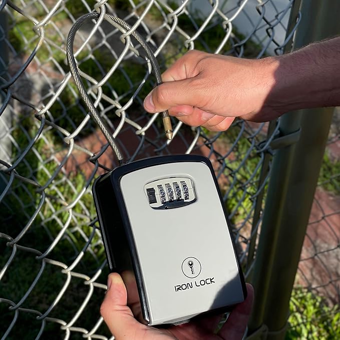 Iron Lock® Key Lock Box Portable with Cable Shackle & Wall Mount – Waterproof Heavy Duty Metal Lock Box for Keys with 4-Digit Combination Code on Door Knob, Fence, Pipe or Gate (Grey, XXL)