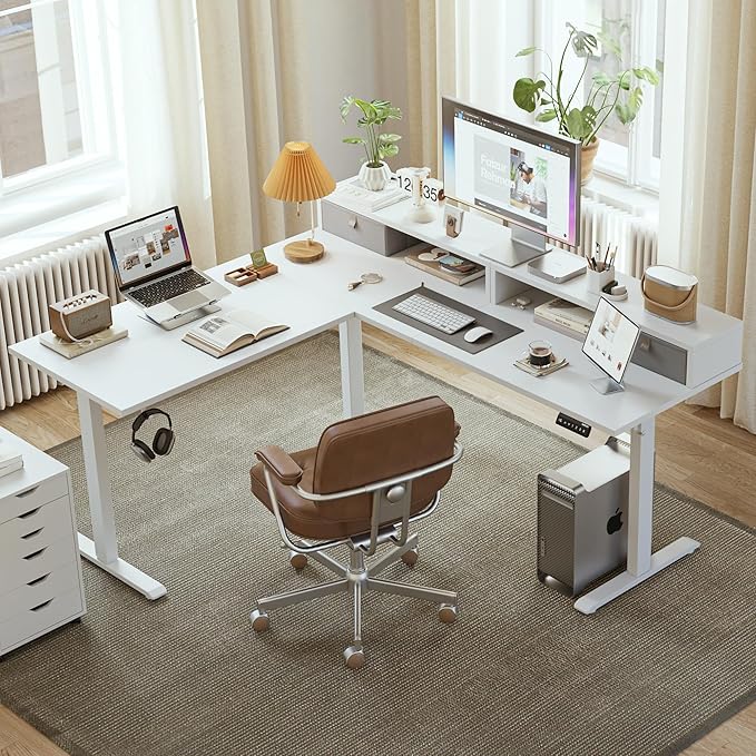 Agilestic L Shaped Electric Standing Desk with 2 Drawers, 63 Inch Ergonomic Adjustable Height Desk with Storage, Corner Desk Sit Stand up Computer Table for Work Office Home, White