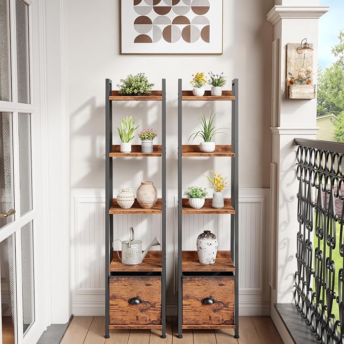 Furologee 5 Tier Narrow Ladder Shelf, Ladder Bookshelf with Drawer, Industrial Shelves Storage Rack Organizer,Skinny Display Shelving Units for Living Room,Bedroom, Kitchen,Rustic Brown