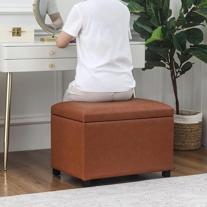 Joveco 24" Leather Storage Ottoman Bench, Rectangle Foot Rest Stool for Living Room, Bedroom, Entryway, Cognac Brown