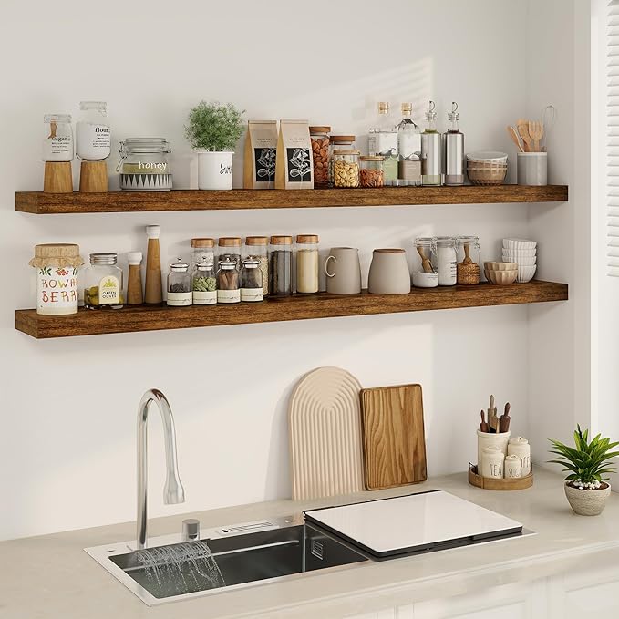 Fun Memories 66 Inch Fireplace Mantel - Long Floating Shelf, Wall Mounted Farmhouse Display with Invisible Heavy Duty Metal Bracket, Brown, 2 Pack