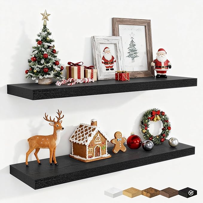 Fun Memories 36 Inch Floating Shelves, 9.3 Inch Deep Rustic Wall Shelves - Extra Deeper Wall Mounted Storage Shelves for Bathroom, Kitchen, Living Room (Black, Set of 2)