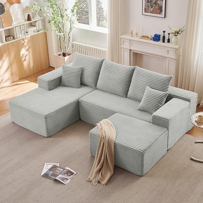 107" L-Shape Sofa with Ottoman, Modern Modular Sectional Comfy U-Shape Cloud Couch, Deep Seat, Upholstered Corduroy Sleeper Chaise Longue for Living Room Bedroom, No Assembly Required, Grey