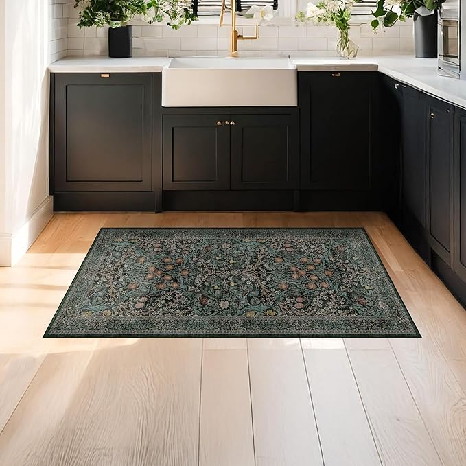 Dark Green 2x4 Rug Runner, Entryway Rugs, Small Runners for Kitchen, Door Mat Indoor Entrance, Bathroom, Non-Slip Low-Pile Washable Stain Resistant, Vintage Floral Design