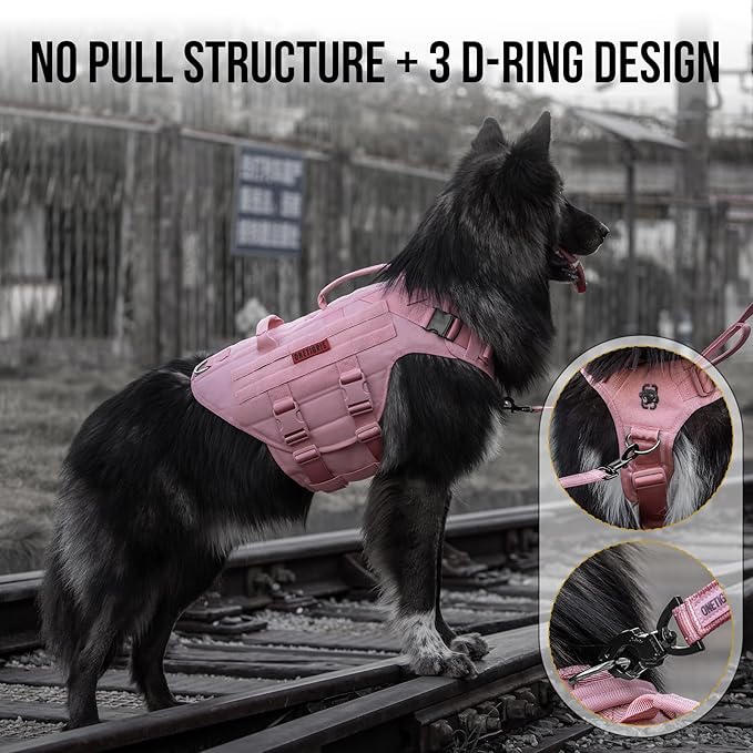 OneTigris Large Tactical Dog Harness, No Pulling Adjustable Dog Vest Harness, Heavy Duty Dog Harness with Handle, Large Hook and Loop Panels for Patch(Pink,M