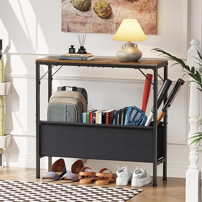 Small Console Table with Storage Basket, 31.5'' Couch Table Behind Sofa, Entryway Table, Narrow Console Table, Sofa Table, Display Table for Hallway, Foyer, Living Room, Rustic Brown