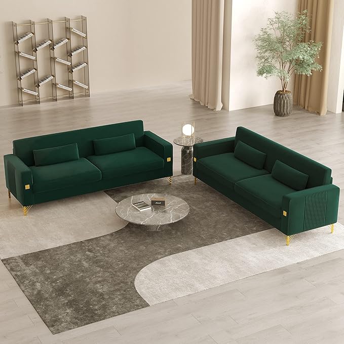 2PCS 85.63" Green Velvet Sofa,Modern Loveseat Couch with Pillows Set of 2 for Living Room,Bedroom,Apartment Furniture with Gold Metal Legs
