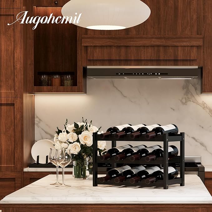 Wine Rack，Bamboo Wine Storage Cabinet Shelf，Countertop Wine Shelf- Freestanding Wine Holder for Kitchen & Pantry (Black, 3-Tier)
