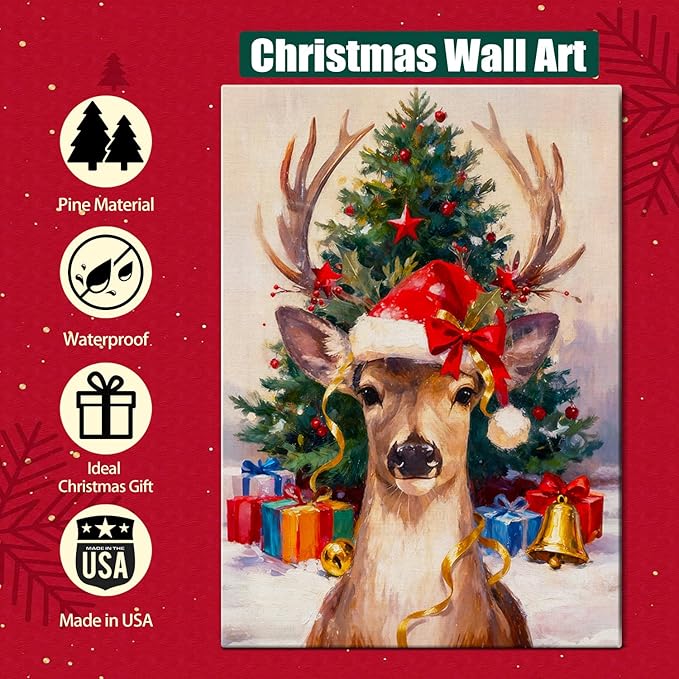 Vintage Reindeer Christmas Canvas Wall Art - Rustic Winter Deer in Snow Forest Framed Print, Cozy Christmas Wall Decor for Living Room, Unique Christmas Gifts & Festive Decorations