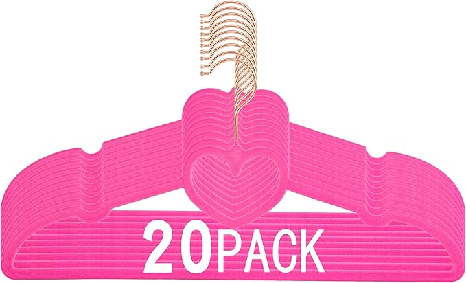 Velvet Hangers 20 Pack, 360° Swivel Rose Gold Hooks, 16" Non Slip Felt Hanger, Space Saving Clothes Hanger, Durable & Cute Flocked Heart Hanger for Adult (Hot Pink)