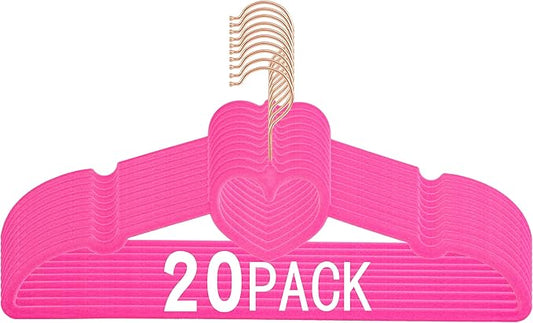 Velvet Hangers 20 Pack, 360° Swivel Rose Gold Hooks, 16" Non Slip Felt Hanger, Space Saving Clothes Hanger, Durable & Cute Flocked Heart Hanger for Adult (Hot Pink)
