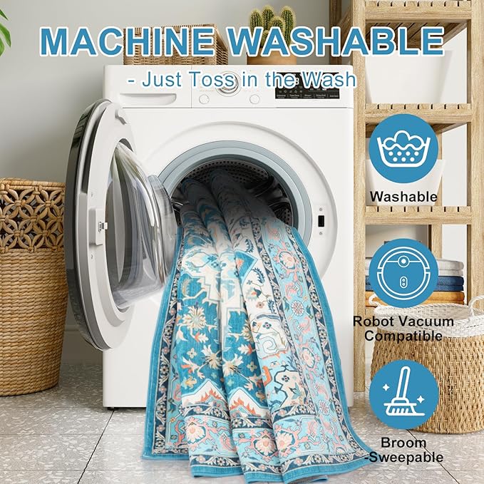 WILLSUN Washable Area Rugs, 3x5 Non-Slip Boho Large Area Rugs for Living Room, Bedroom, Machine Washable Vintage Rug, Indoor Floral Print Carpet for Home Decor, Kid & Pet Friendly Mat