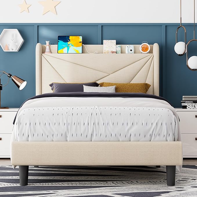 Feonase Twin Size Bed Frame with Charging Station, Upholstered Linen Bedframe with Wingback Headboard, Solid Wood Slats Support, No Box Spring Needed, Noise Free, Beige