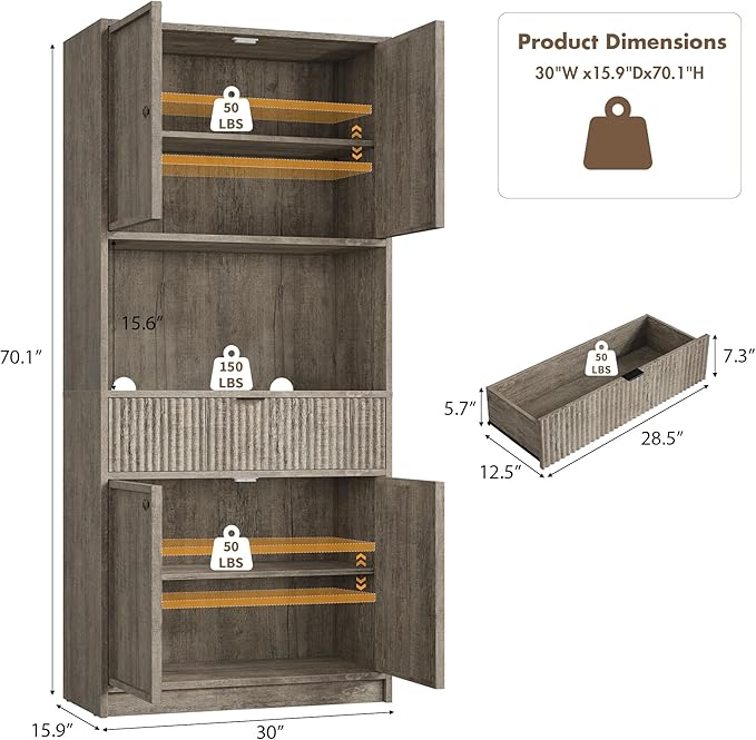 IDEALHOUSE Tall Storage Cabinet, 70" Kitchen Pantry Cabinet with Doors, Fluted Kitchen Hutch Cupboard with Microwave Shelf & Drawer, Freestanding Cupboard for Dining Room, Living Room, Gray