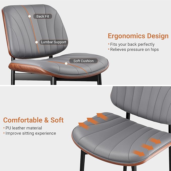 Dining Chairs Set of 6, Dining Room and Kitchen Chairs, Mid Century Modern Accent Chair, Upholstered PU Leather Chairs for Vanity with Walnut Bentwood and Metal Legs, Gray