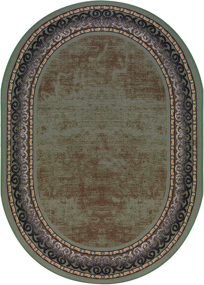 Antep Rugs Alfombras Bordered Modern 5x7 Non-Slip (Non-Skid) Low Pile Rubber Backing Indoor Area Rug (Green, 5' x 7' Oval)