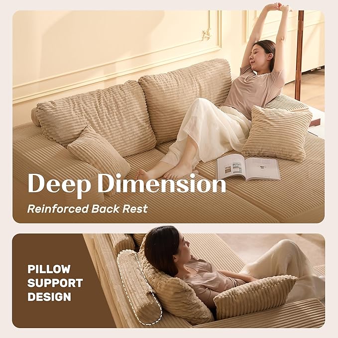 Chaise Lounge Chair, Boneless Couch for Living Room and Bedroom, Sleeper Couches Reading Chairs, Corduroy, Camel