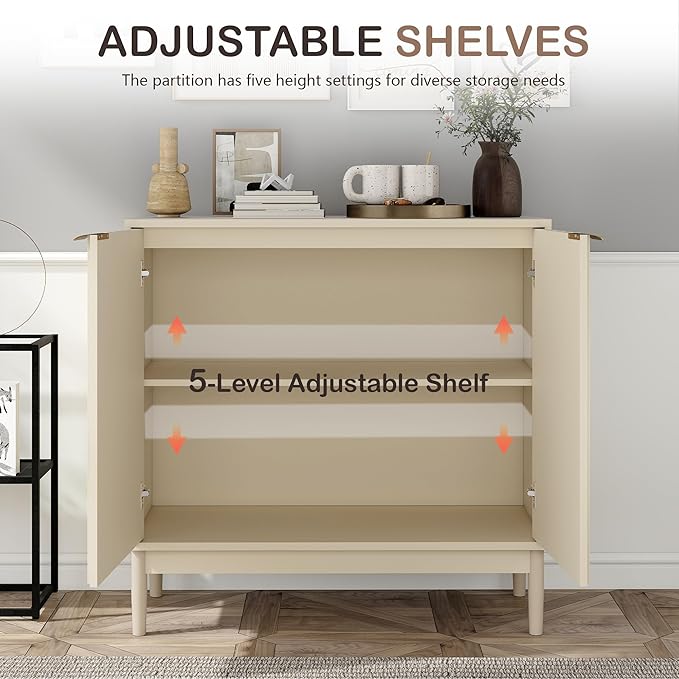 Fluted Sideboard with Storage, Buffet Cabinet Sideborad with Door, Kitchen Buffet Storage Accent Cabinets with Adjustable Shelves for Living Room, Entry, Hallway, Beige