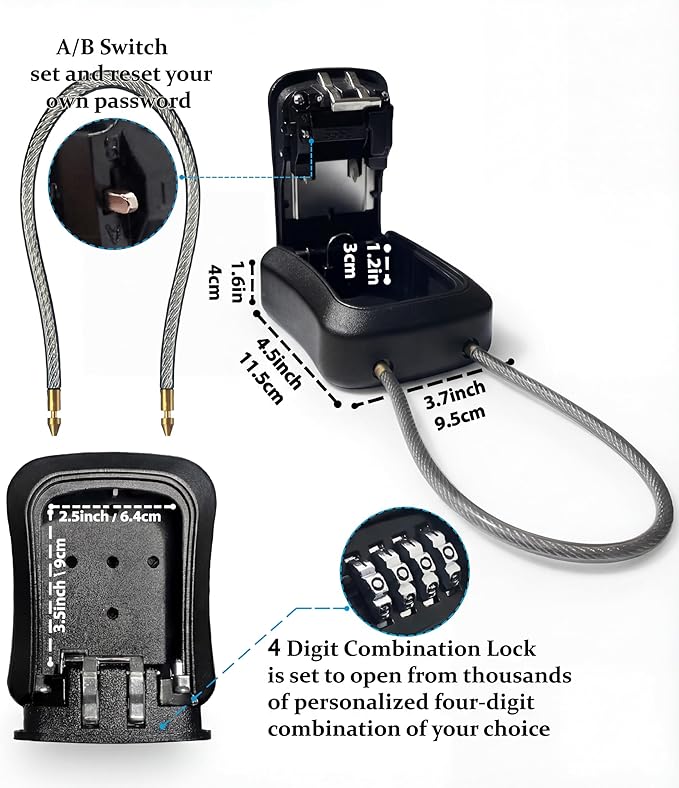 Iron Lock® Key Lock Box Portable with Cable Shackle & Wall Mount – Waterproof Metal Lock Box for Keys with 4-Digit Combination & Resettable Code – Indoor/Outdoor Key Safe (Black, Medium)