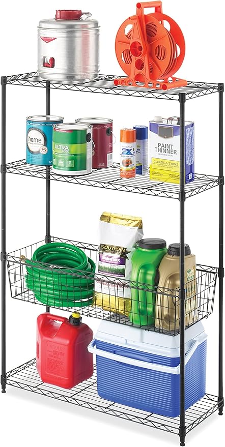 Whitmor 4 Tier Shelving Unit, Metal Storage Shelves with Basket, Adjustable Heavy Duty Shelf, 400 lbs Capacity per Shelf, 1600 lbs Total for Pantry, Garage, Workshop, 36" L x 14" W x 54" H, Black