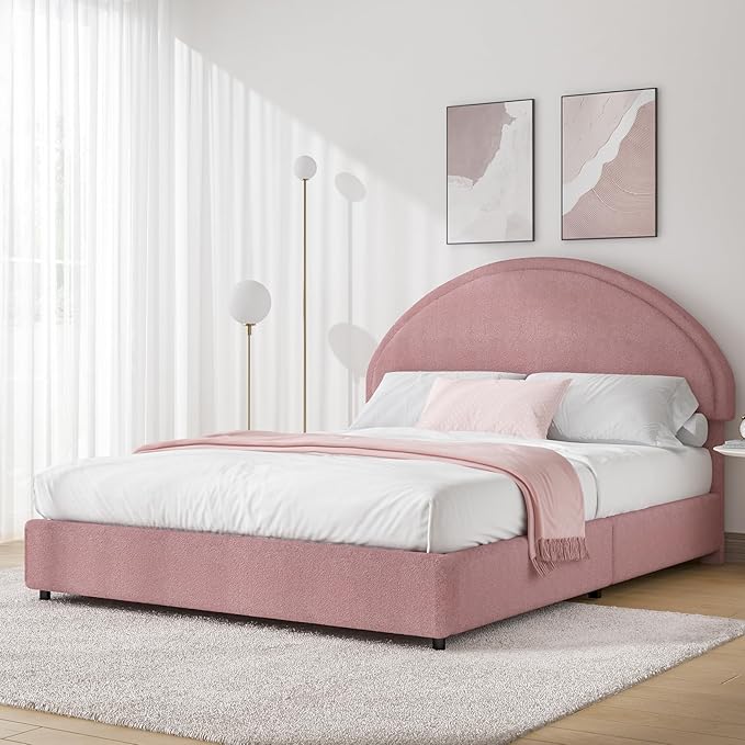 Queen Bed Frame, Upholstered Platform Bed with Headboard, Boucle Bed Frame with Round Conner, No Box Spring Required, Easy Assembly, Pink