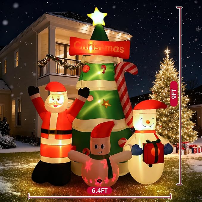 Max Fun 9Ft Christmas Tree Inflatables Decorations with Santa Snowman Built-in LED Lights Blow Up Christmas Tree Outdoor Decoration for Christmas Party Holiday Outdoor Garden Lawn Yard Decor