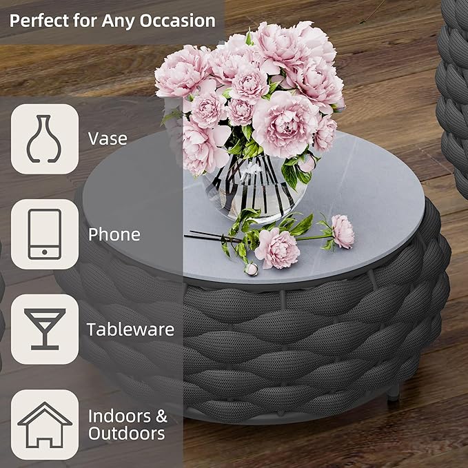 Round Coffee Table for Indoor & Outdoor Use, Aluminum Patio Furniture with Handwoven Ropes, Weather-Resistant for Garden, Terrace & Poolside (Black)