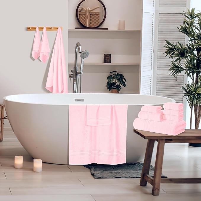 BOUTIQUO 100% Cotton Towel Set, Contains 4 Soft Bath Towel, 6 Hand Towels, 8 Wash Cloths - Compact Absorbent Lightweight & Quickdry Towels for Bathroom - 18 Piece Bathroom Towel Set - Pink