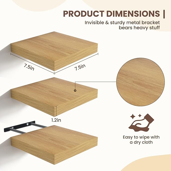 Fun Memories Floating Shelves for Wall - 7.5 Inch Square Shelves with Invisible Brackets, Small Wall Shelf for Living Room, Bathroom, Bedroom, and Kitchen Decor，Oak Set of 3
