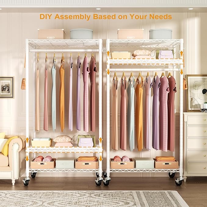 FUTASSI P6 Rolling Clothes Rack Heavy Duty, Clothing Racks for Hanging Clothes, Freestanding Garment Rack with Wheels, Portable Closet Rack Max Load 380 LBS, 35.5'' W x 14'' D x 74.6'' H, White