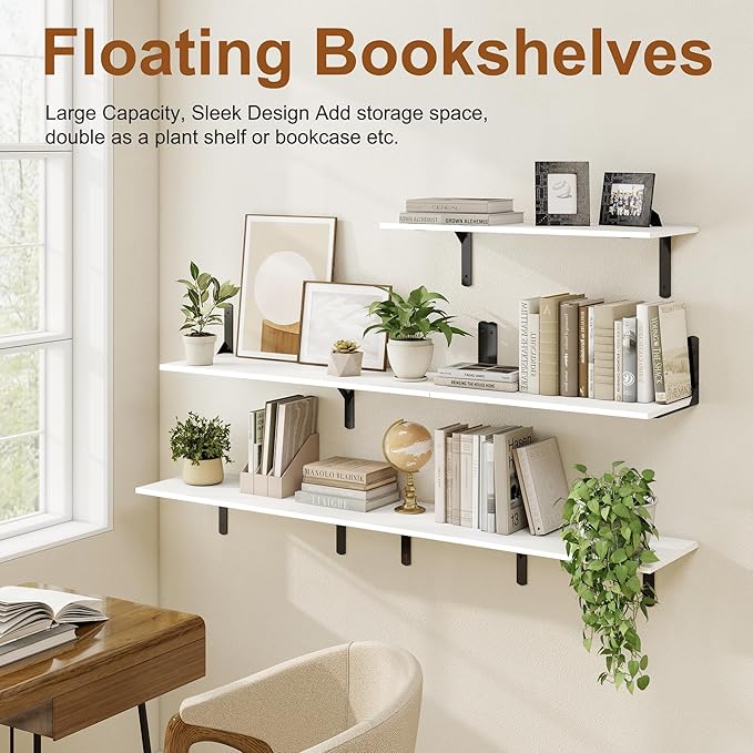 Fun Memories Deep Floating Shelves for Wall, 12 Inch Deep White Wall Shelf, 24 Inch Long Floating Shelves with Bracket Set of 2, Rustic Deep Storage Shelf for Bedroom, Living Room, Kitchen