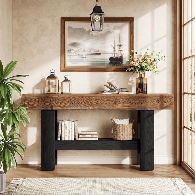 Solid Wood Black Console Table for Entryway, 63-Inch Long Narrow Sofa Table Behind Couch with Storage Shelf for Living Room, Hallway, Foyer, Entrance, Rustic Brown + Black
