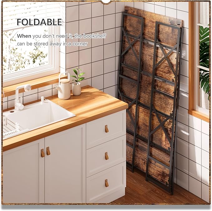 4NM Extra Wide 5 Tiers No Assembly Book Shelves, 51.2" H Folding Bookshelf Bookcase Open Industrial Foldable Shelves for Bedroom, Living Room, Home Office - Rustic Brown Black