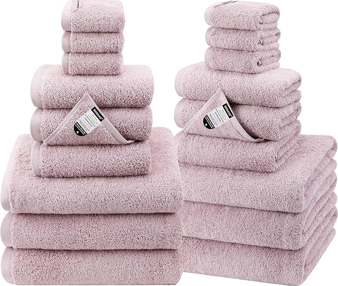 SEMAXE 18-Pack Bath Towel Set Include 6 Bath Towels, 6 Hand Towels, 6 Wash Cloths, 100% Cotton Bathroom Towels with Hanging Loops and Nano-Bio Lifecycle Labels, Soft & Absorbent Towel, Purple