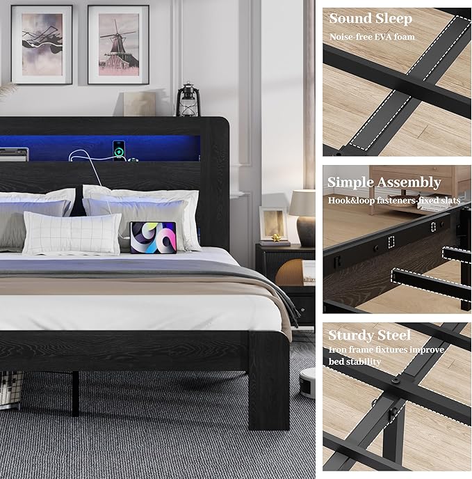 Queen Size Wooden Bed Frame with Bookcace Storage Headboard, Rustic Farmhouse Bedframe with LED Lights and Charging Station, Sturdy and Stable, Slat Support, No Box Spring Required (Black, Queen)