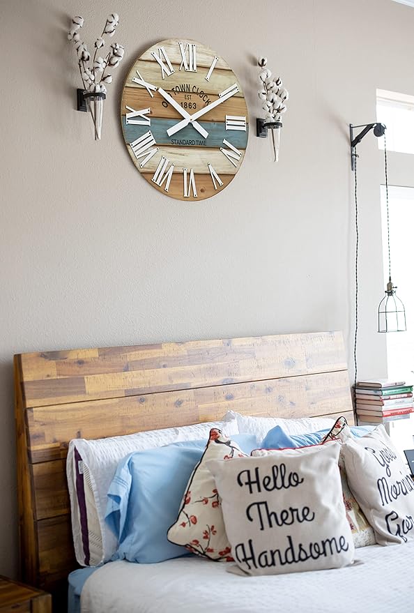 24" Wooden Multi-Color Maritime Coastal Beach Large Roman Wall Clock (Blue, 24 inch)