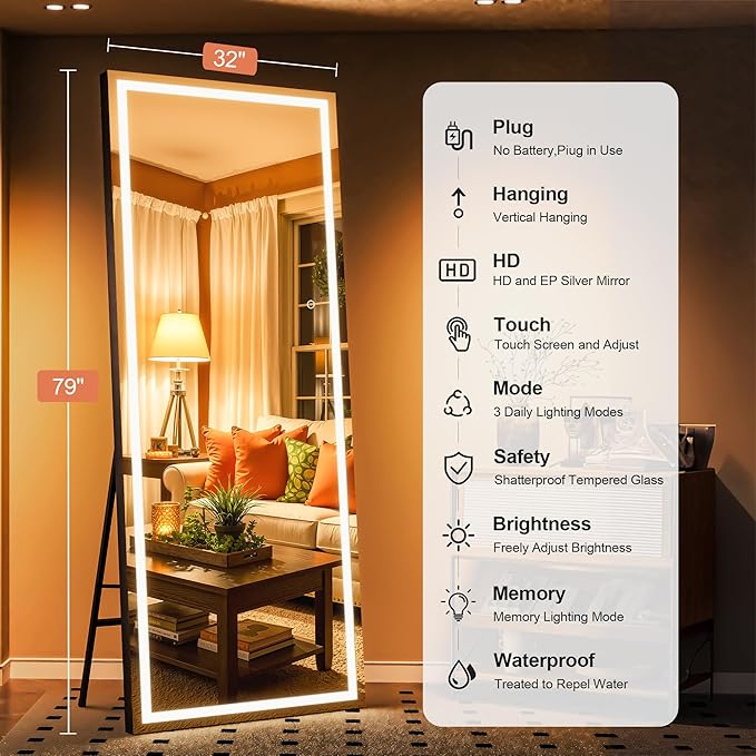 Full Length Mirror with Lights, 79" x 32" Large LED Lighted Floor Standing Body Mirror, Dimmable & 3 Color Lighting for Bedroom, Cloakroom, Dressing Room, Leaning & Hanging, Square Black