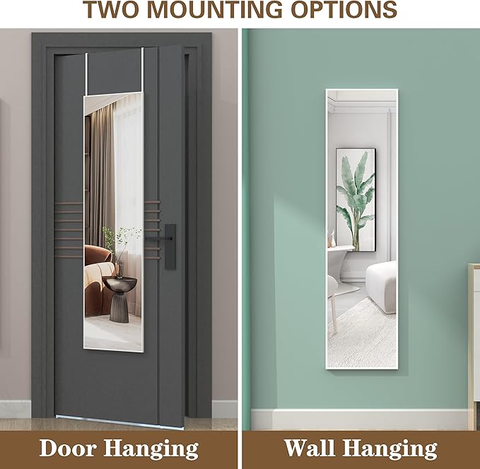 ANYHI Over The Door Mirror, 47" x 12" White Door Mirror Full Lenth, 2 Hooks, Door Mount or Wall Mount, for Bedroom, Living Room, Bathroom
