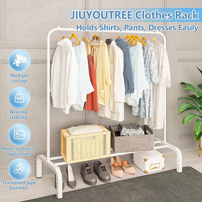 JIUYOTREE Metal Clothing Rack, 43.3 Inches Clothes Garment Coat Rack with Bottom Shelf for Hanging Skirts, Shirts, Sweaters, White