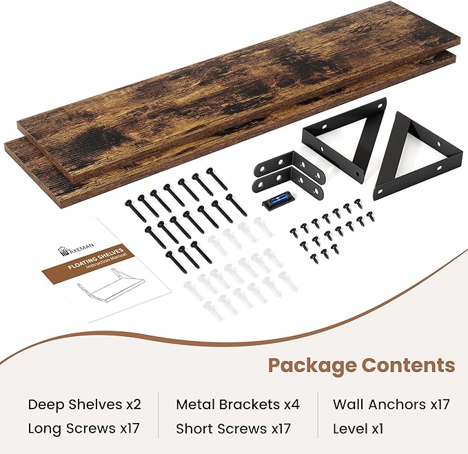 Axeman Floating Shelves for Wall 55 Inch | 55W x 8D Rustic Wood Floating Shelves Set of 2 | 8" Deep Wall Shelves for Bathroom Kitchen Living Room | Bookshelf Display Shelves - Rustic Brown