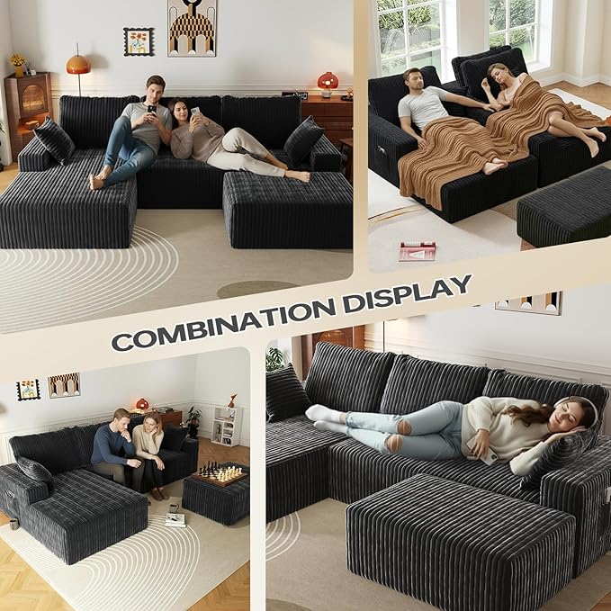 108" U Shaped Sectional Couch with Ottoman, Corduroy Modular Sectional Sofa with Deep Seat, Modern Modular L-Shape Sofa Couch with Chaise,Upholstered Boneless Couches for Living Room Bedroom