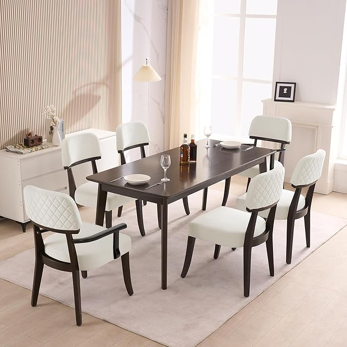 Modern Wood Dining Chairs Set of 6, Velvet Upholstered Kitchen Chairs with Open Curved Backrest & Black Hardwood Legs for Vanity, Living Room, 350 LBS Capacity, White