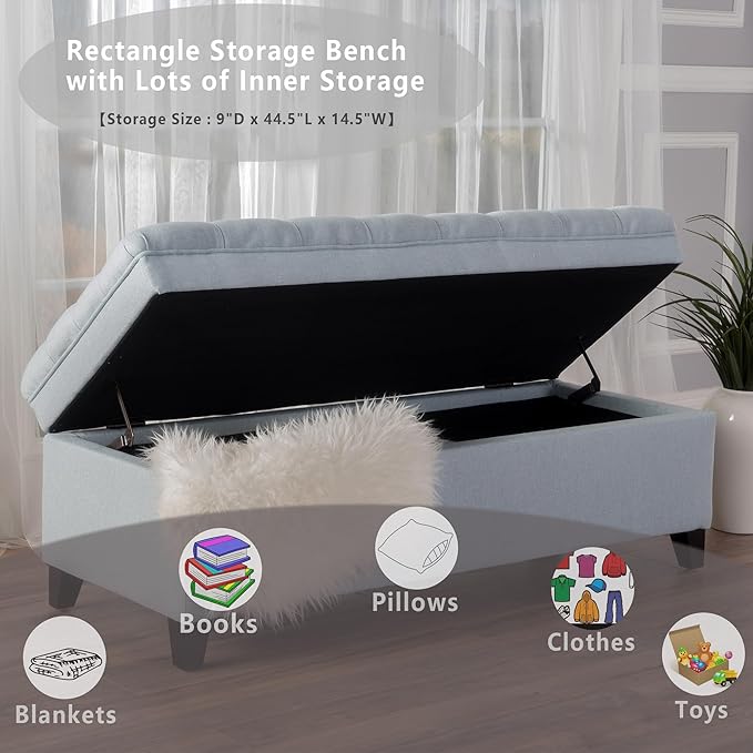 Setawix Linen Storage Benches, 50" Bed End Bench with Storage, Tufted Light Blue Ottoman Bench for Living Room, Rectangle Entryway Benches with Storage and Seating (Light Blue)