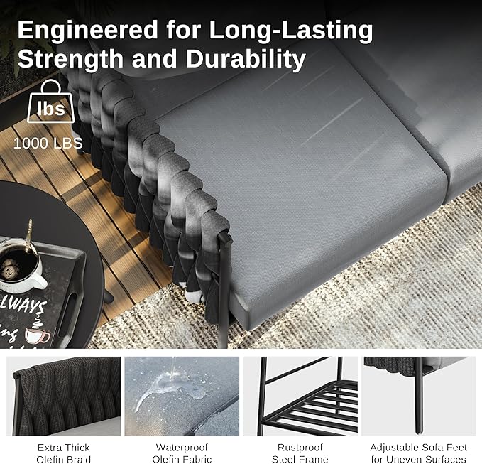 EAST OAK Life Chatter Outdoor Sofa, Outdoor Furniture 3 Seats with Waterproof Thick Cushions, Modern Patio Sofa Deep Seating for Outdoor Garden Porch Blackyard, Earth Black & Misty Grey