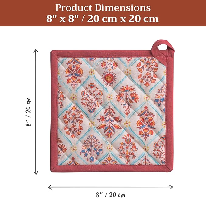 Maison d' Hermine Pot Holders Set 100% Cotton Heat Resistant Potholders 8" x 8" Hot Pads with Loop for Thanksgiving Christmas Decorations BBQ Cooking Baking Handling Hot Pans (Pack of 2, Romane)